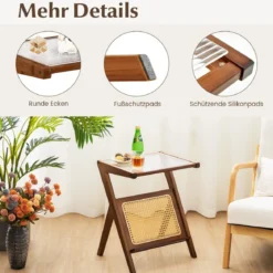 Bambus Beistelltisch mit Rattan Magazinhalter & Glasplatte Z-förmiger Couchtisch Walnuss