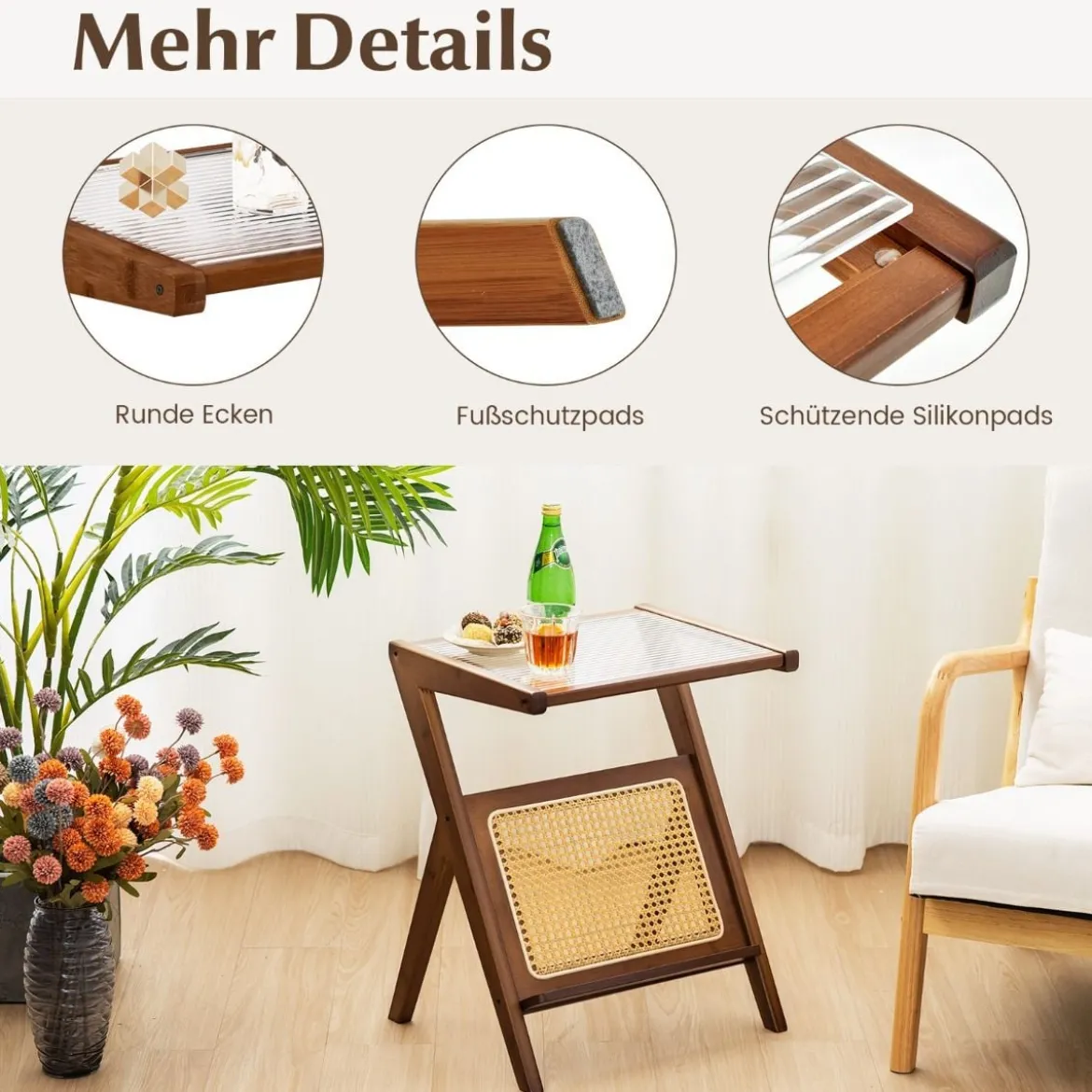 Bambus Beistelltisch mit Rattan Magazinhalter & Glasplatte Z-förmiger Couchtisch Walnuss