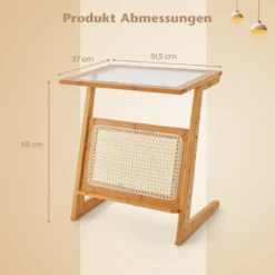 Bambus Beistelltisch mit Rattan Zeitschriftenhalter & Glasplatte Z-förmiger Couchtisch Sofatisch