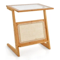 Bambus Beistelltisch mit Rattan Zeitschriftenhalter & Glasplatte Z-förmiger Couchtisch Sofatisch
