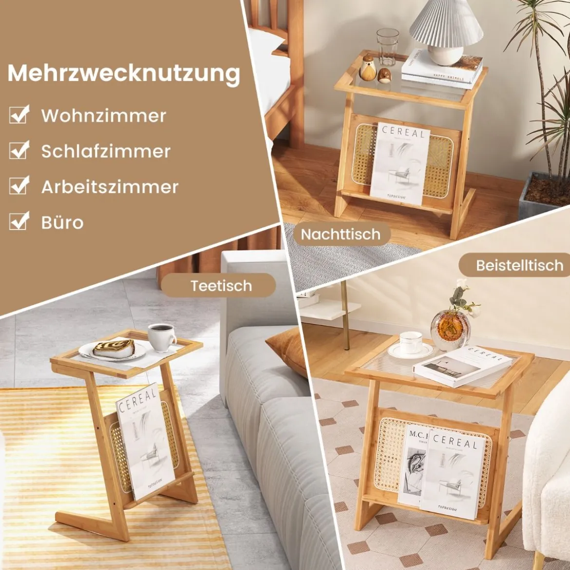 Bambus Beistelltisch mit Rattan Zeitschriftenhalter & Glasplatte Z-förmiger Couchtisch Sofatisch
