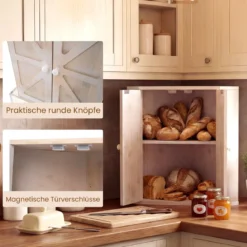 Bambus Brotkasten mit Verstellbarem Regal & 2 Türen 2 Etagen Eck Brotbox Brotbehälter Bread Box