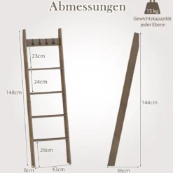 Bambus Handtuchleiter mit 4 Haken & 5 Sprossen & Anti-Kipp-Gurten Leiterregal Handtuchhalter