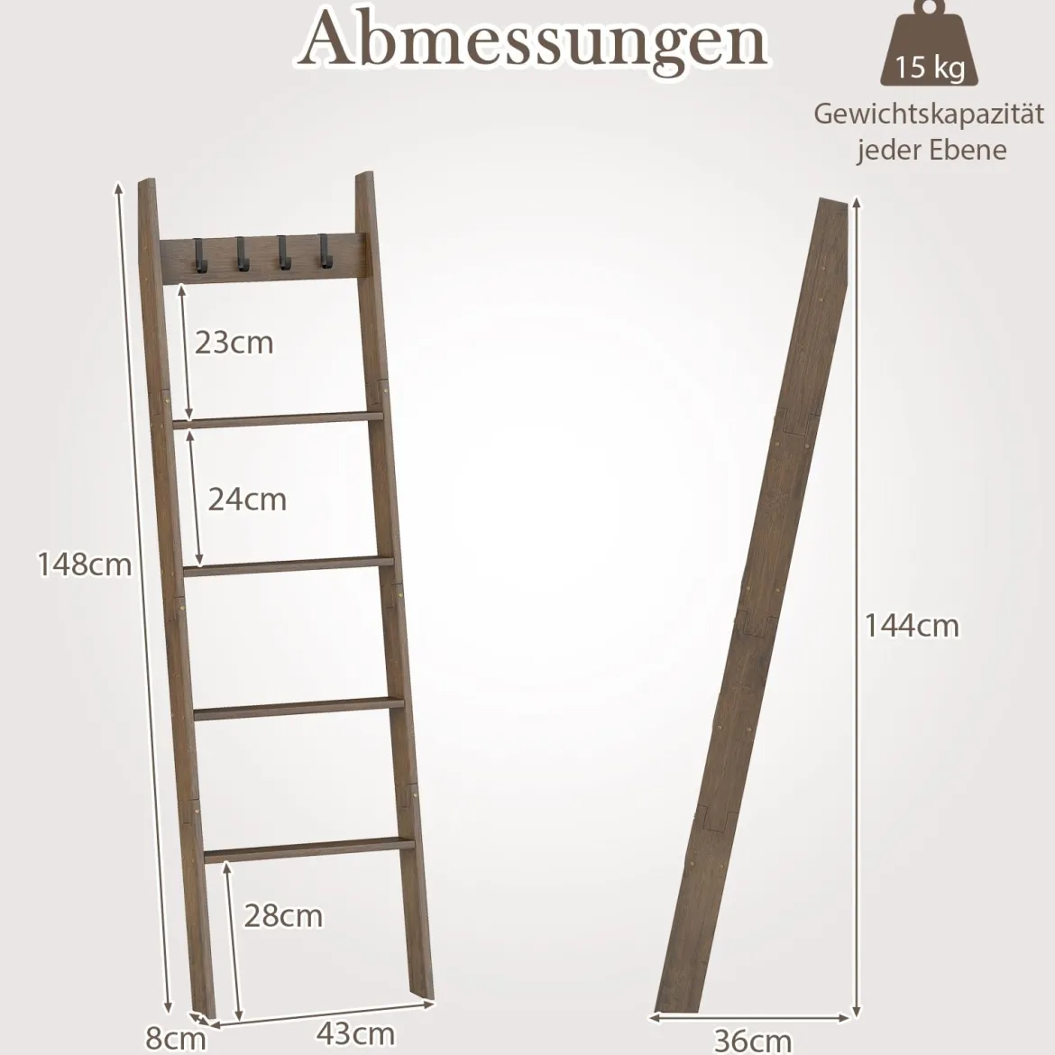 Bambus Handtuchleiter mit 4 Haken & 5 Sprossen & Anti-Kipp-Gurten Leiterregal Handtuchhalter