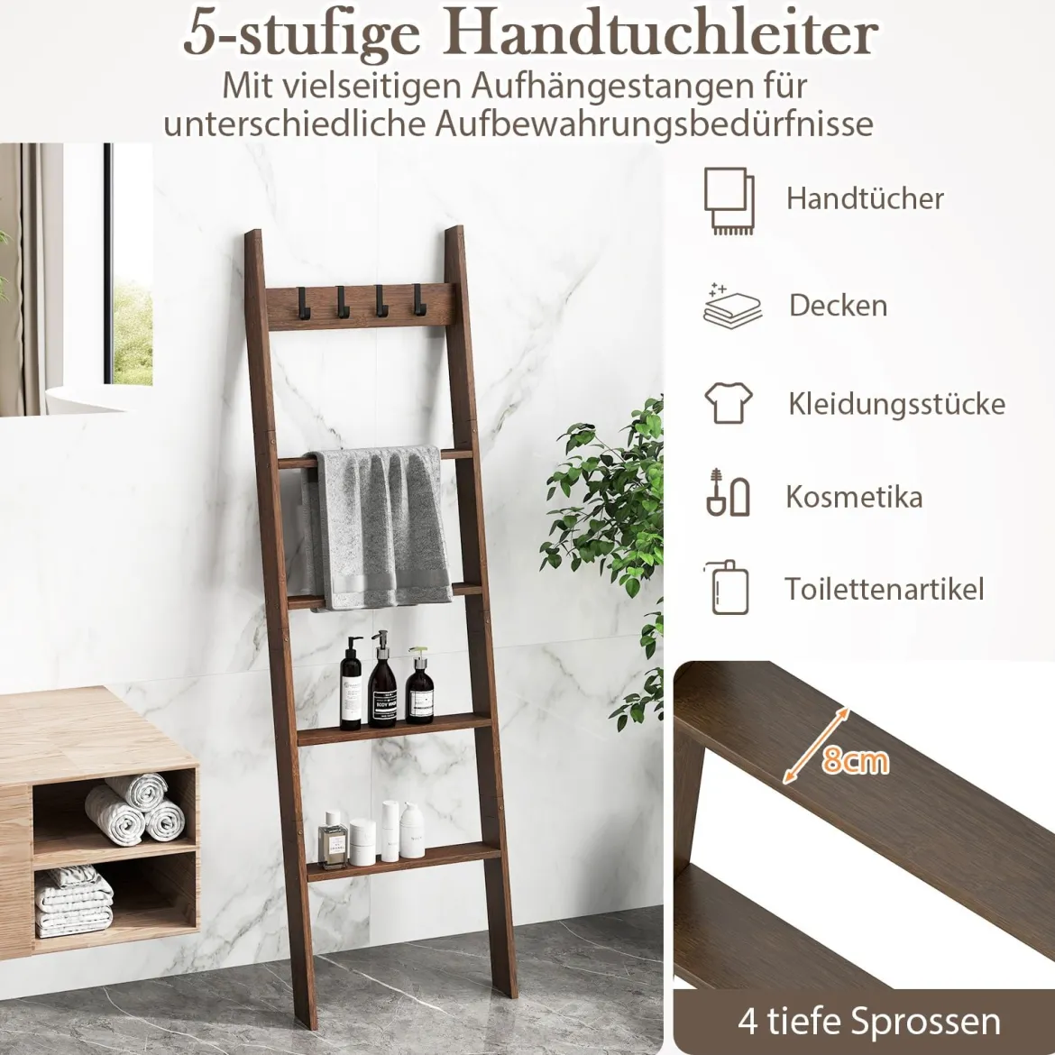 Bambus Handtuchleiter mit 4 Haken & 5 Sprossen & Anti-Kipp-Gurten Leiterregal Handtuchhalter