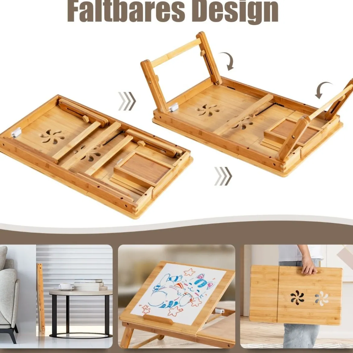 Bambus Klappbarer Laptoptisch Höhenverstellbarer & Neigbarer & Belüfteter Notebooktisch