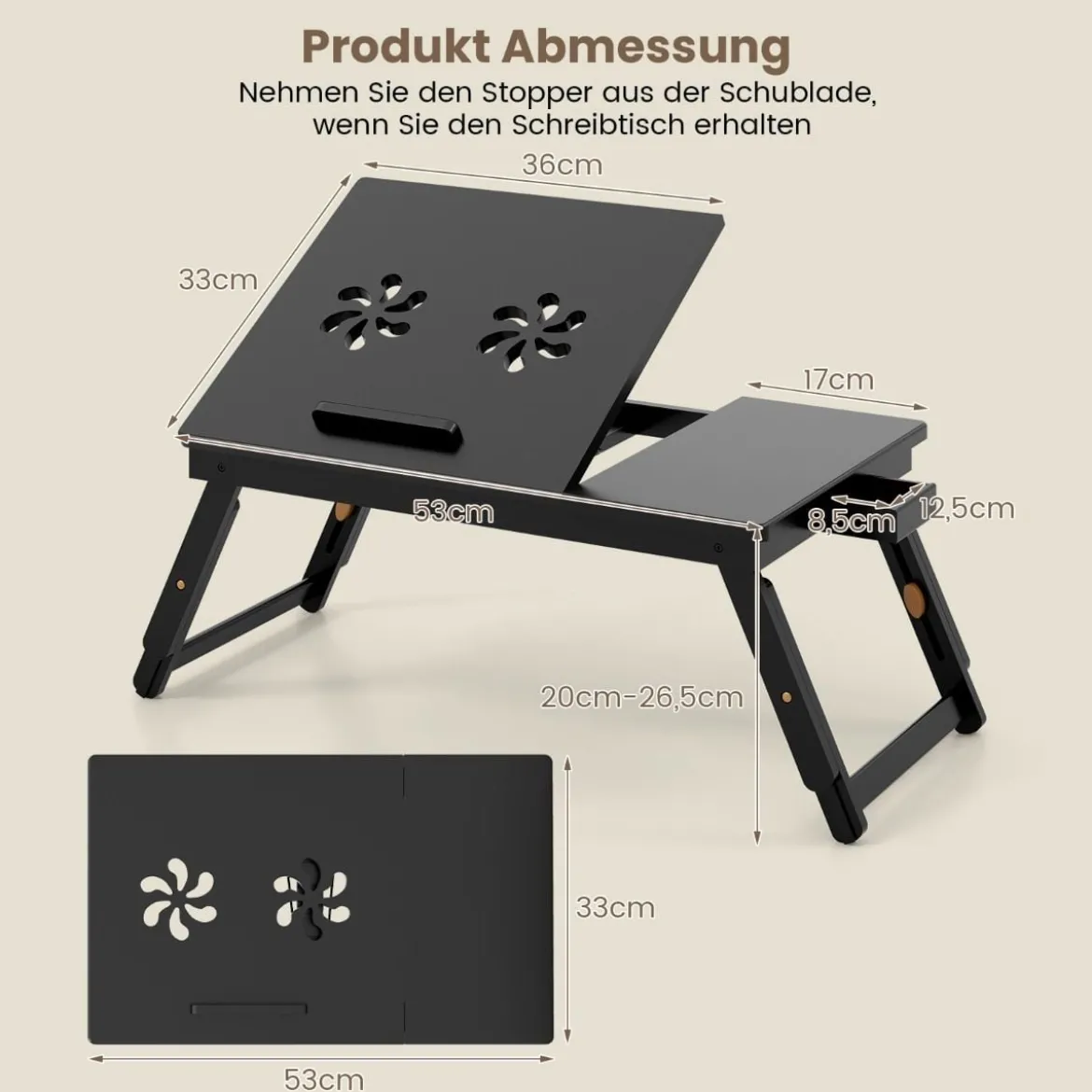 Bambus Klappbarer Laptoptisch Höhenverstellbarer & Neigbarer & Belüfteter Notebooktisch