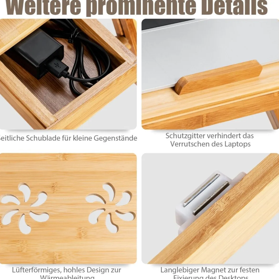 Bambus Klappbarer Laptoptisch Höhenverstellbarer & Neigbarer & Belüfteter Notebooktisch
