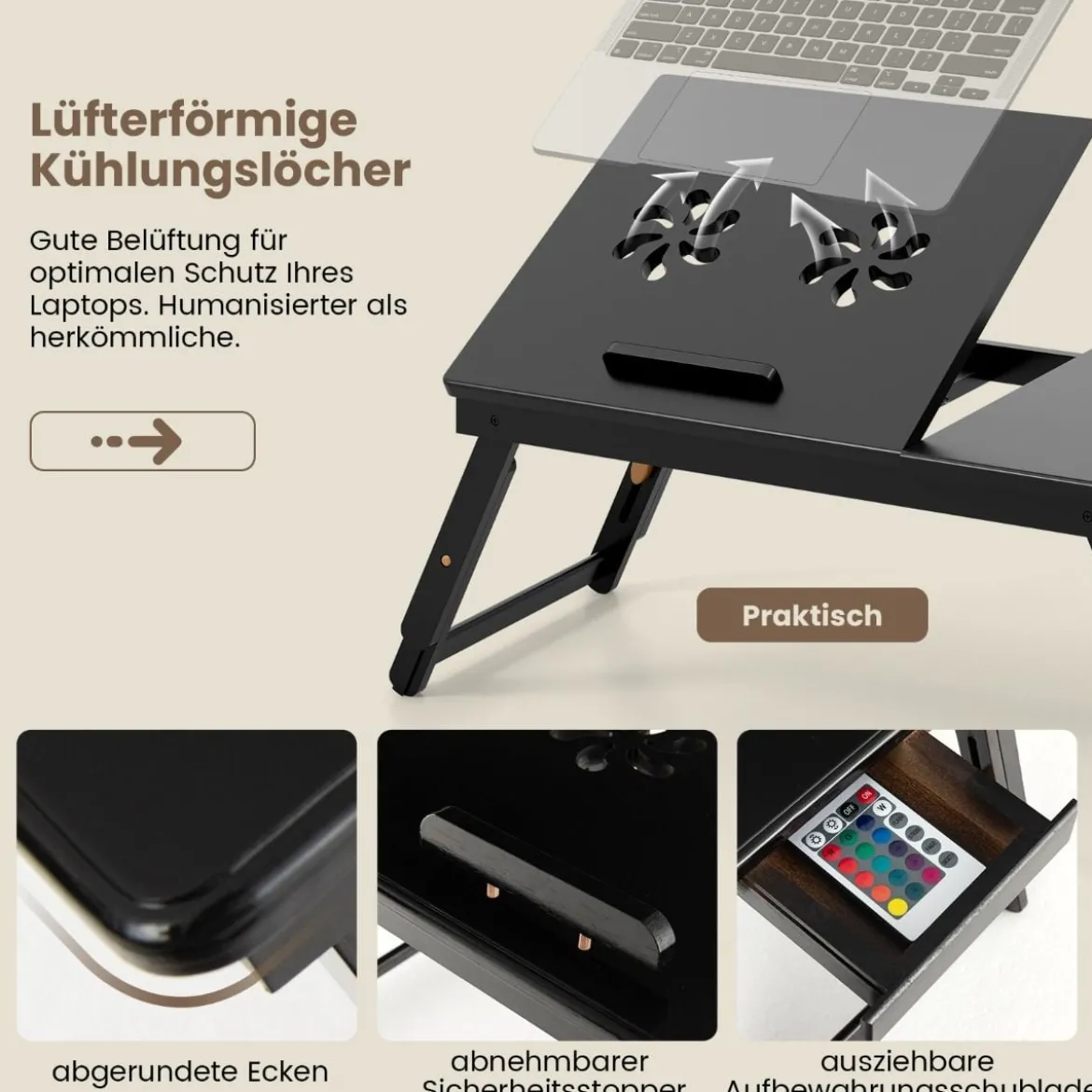 Bambus Klappbarer Laptoptisch Höhenverstellbarer & Neigbarer & Belüfteter Notebooktisch