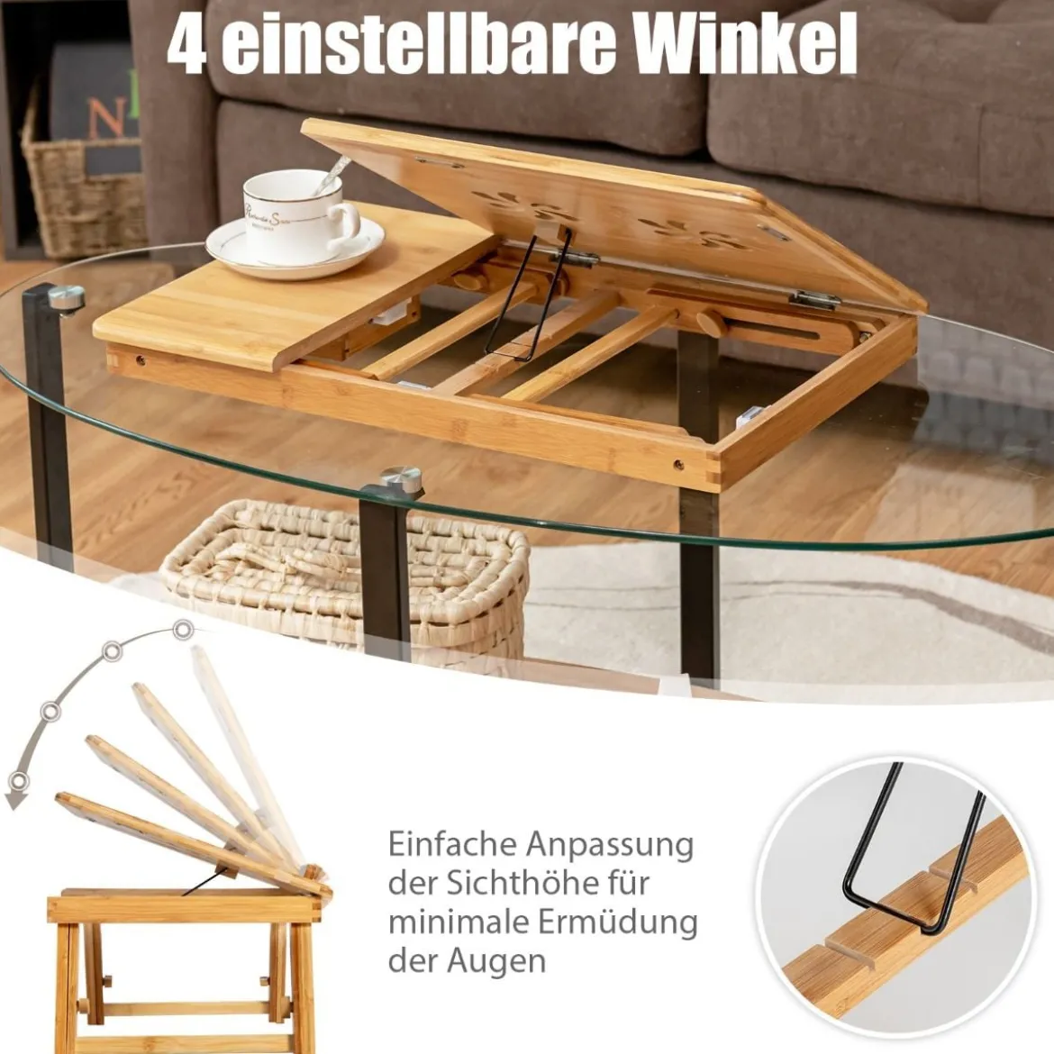 Bambus Klappbarer Laptoptisch Höhenverstellbarer & Neigbarer & Belüfteter Notebooktisch