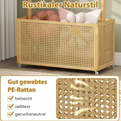 Bambus-Kleiderständer Garderobenständer mit Rattan-Aufbewahrungskorb & Rollen Natur