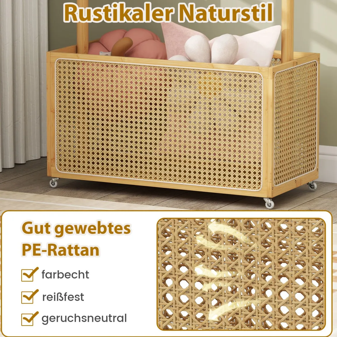 Bambus-Kleiderständer Garderobenständer mit Rattan-Aufbewahrungskorb & Rollen Natur