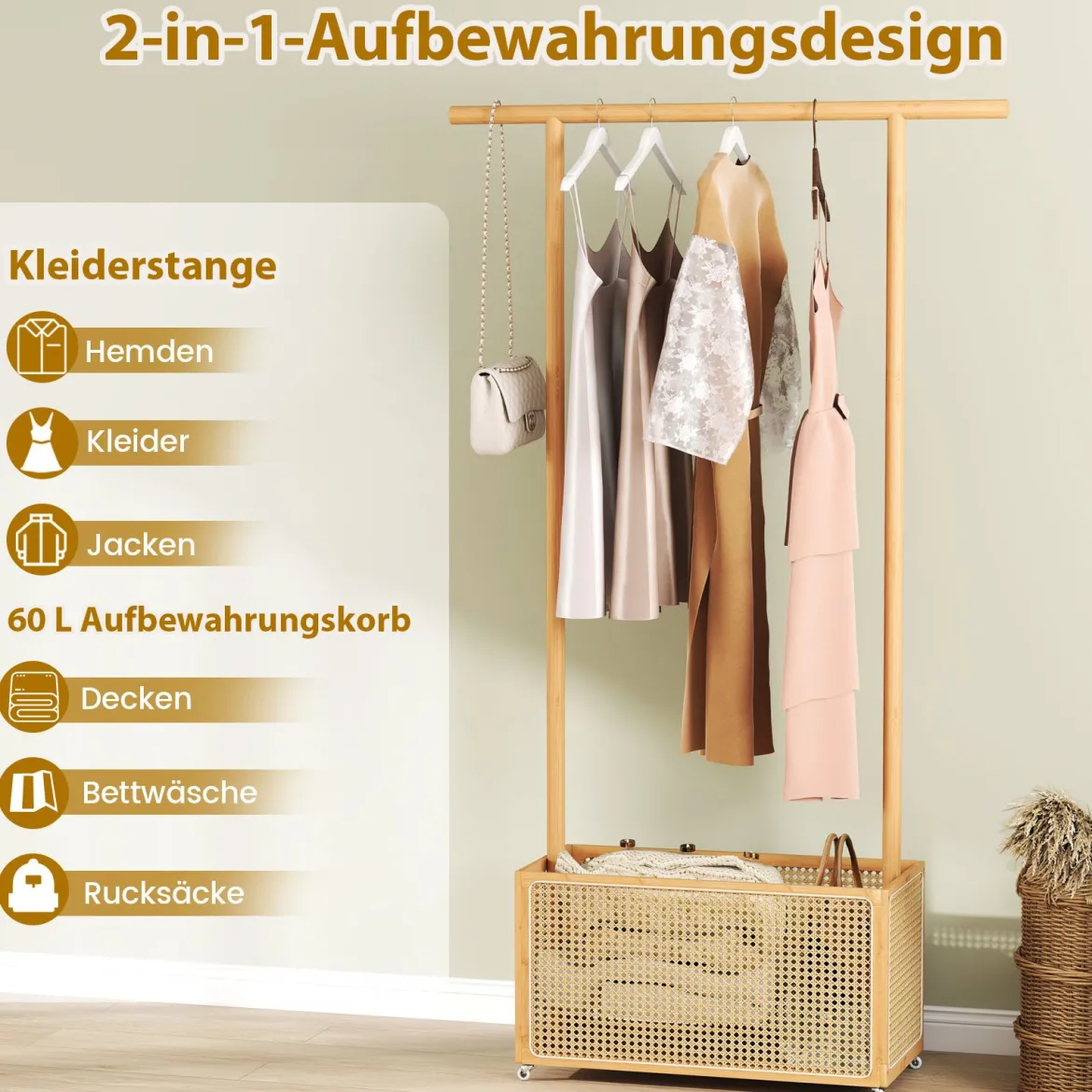 Bambus-Kleiderständer Garderobenständer mit Rattan-Aufbewahrungskorb & Rollen Natur