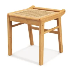 Bambus Kosmetikhocker mit Rattan-Oberfläche & rutschfesten Fußpads stabiler Hocker mit Verstärkungsstange