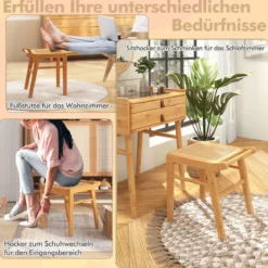 Bambus Kosmetikhocker mit Rattan-Oberfläche & rutschfesten Fußpads stabiler Hocker mit Verstärkungsstange