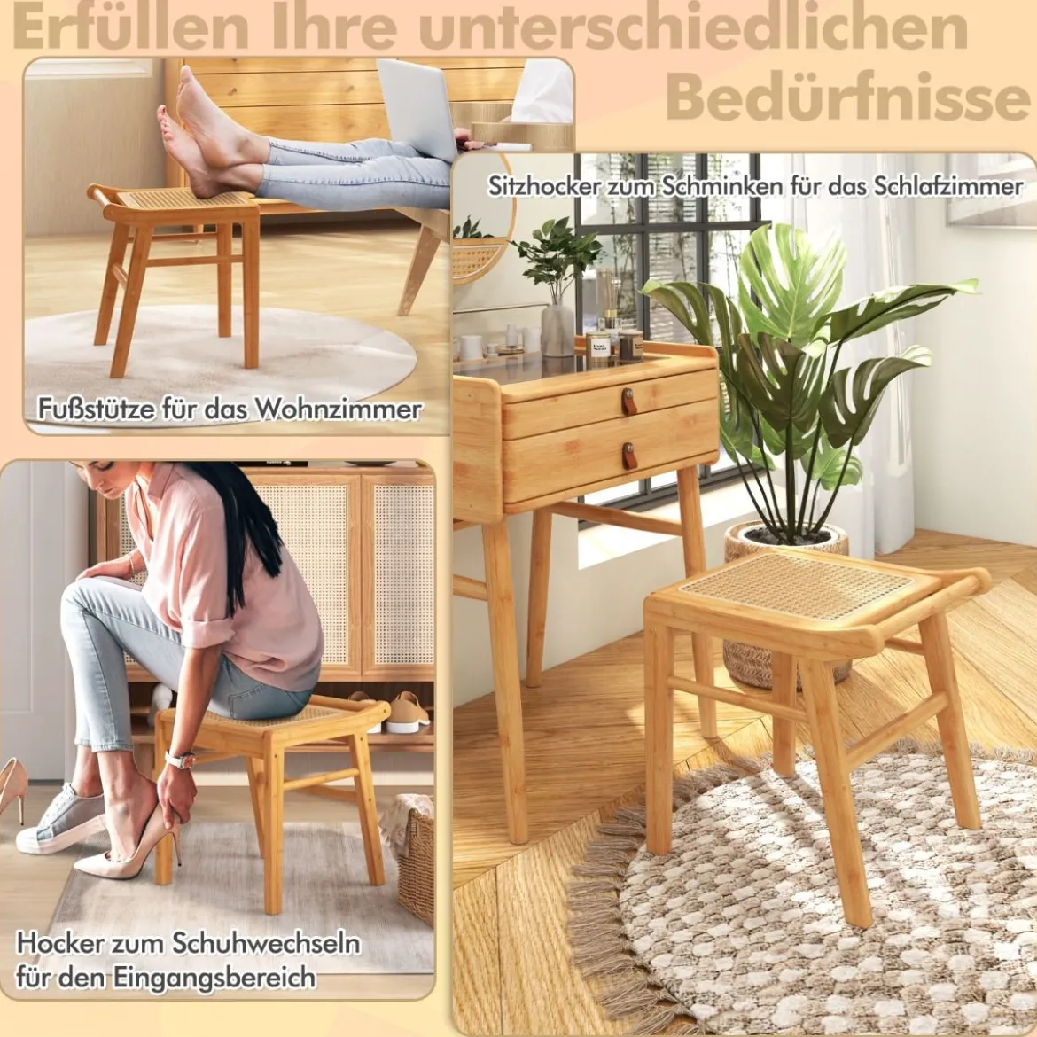 Bambus Kosmetikhocker mit Rattan-Oberfläche & rutschfesten Fußpads stabiler Hocker mit Verstärkungsstange