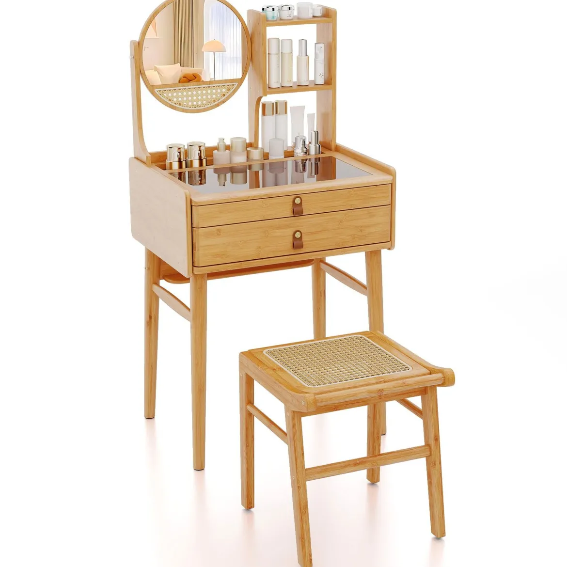 Bambus Kosmetikhocker mit Rattan-Oberfläche + Kleiner Schminktisch mit Spiegel Set Natur