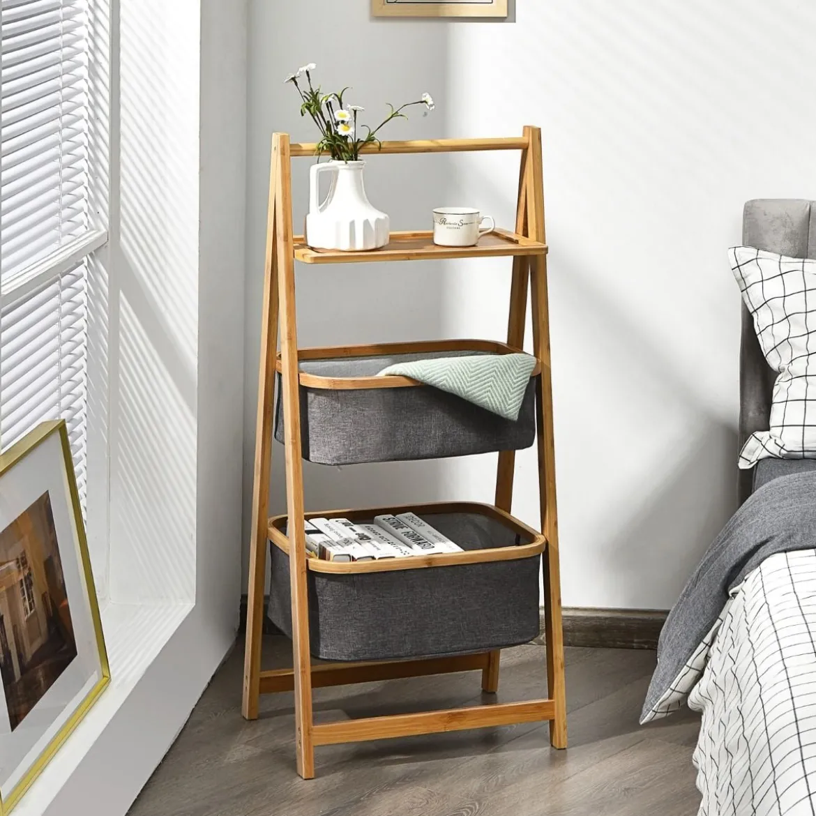 Bambus Leiteregal mit 2 Körben & A-förmigem Rahmen Wäscheregal 44 x 34 x 98 cm Grau