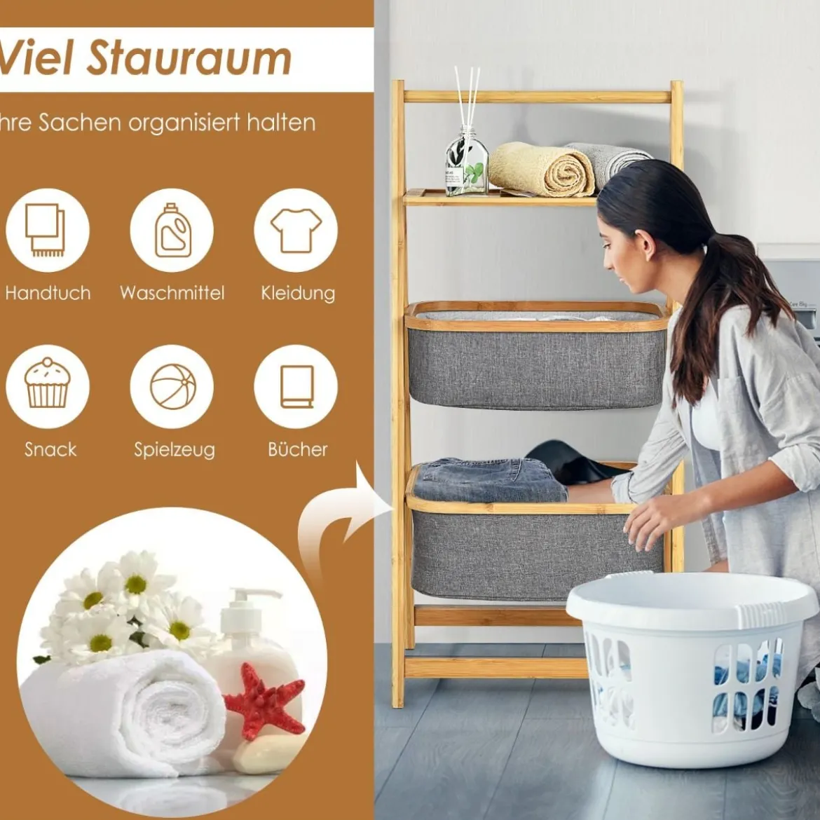 Bambus Leiteregal mit 2 Körben & A-förmigem Rahmen Wäscheregal 44 x 34 x 98 cm Grau