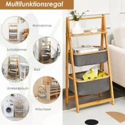Bambus Leiteregal mit 2 Körben & A-förmigem Rahmen Wäscheregal 44 x 34 x 98 cm Grau