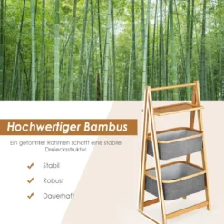 Bambus Leiteregal mit 2 Körben & A-förmigem Rahmen Wäscheregal 44 x 34 x 98 cm Grau