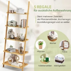 Bambus Leiterregal mit 5 Ebenen & Kippsicherung Standregal Küchenregal 65 x 36 x 183 cm Natur