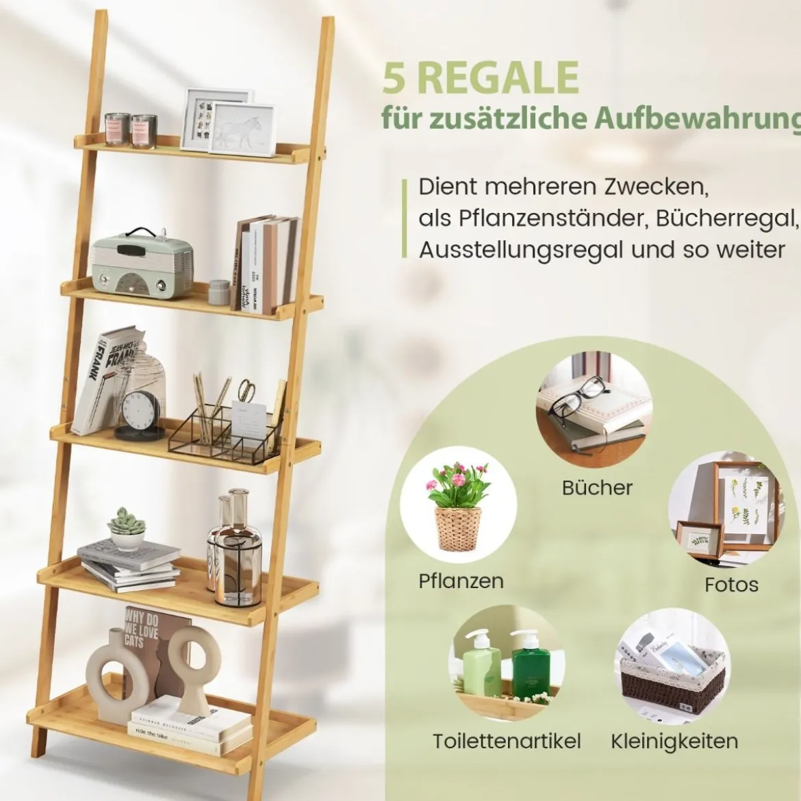 Bambus Leiterregal mit 5 Ebenen & Kippsicherung Standregal Küchenregal 65 x 36 x 183 cm Natur
