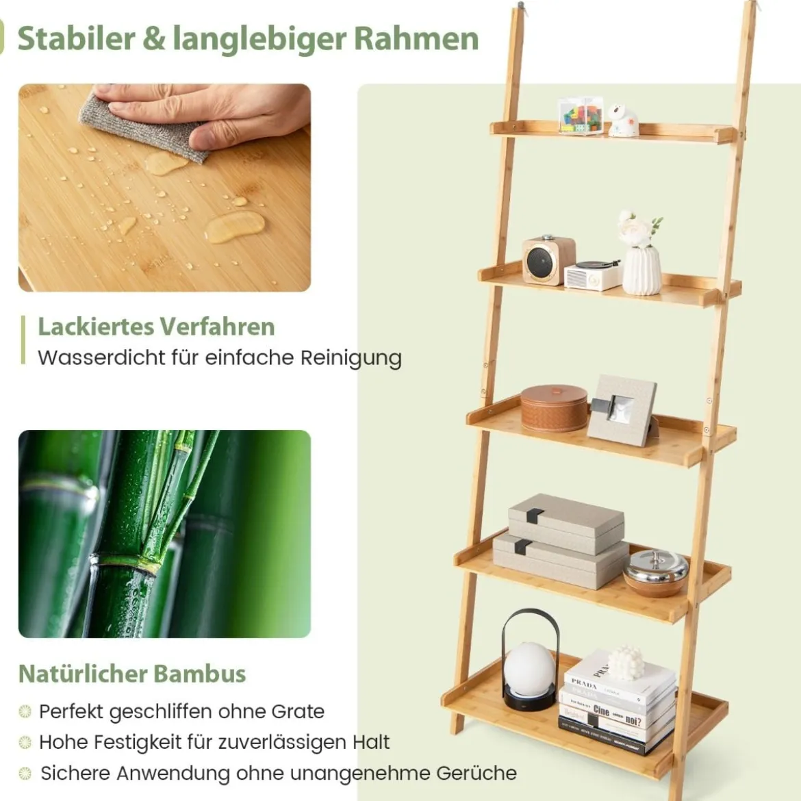 Bambus Leiterregal mit 5 Ebenen & Kippsicherung Standregal Küchenregal 65 x 36 x 183 cm Natur