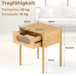 Bambus Nachttisch mit Schublade aus Gehärtetem Glas Nachtschrank Beistelltisch Natur