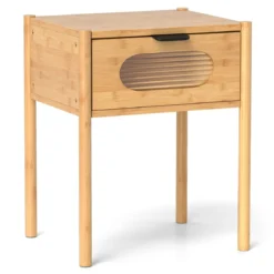 Bambus Nachttisch mit Schublade aus Gehärtetem Glas Nachtschrank Beistelltisch Natur