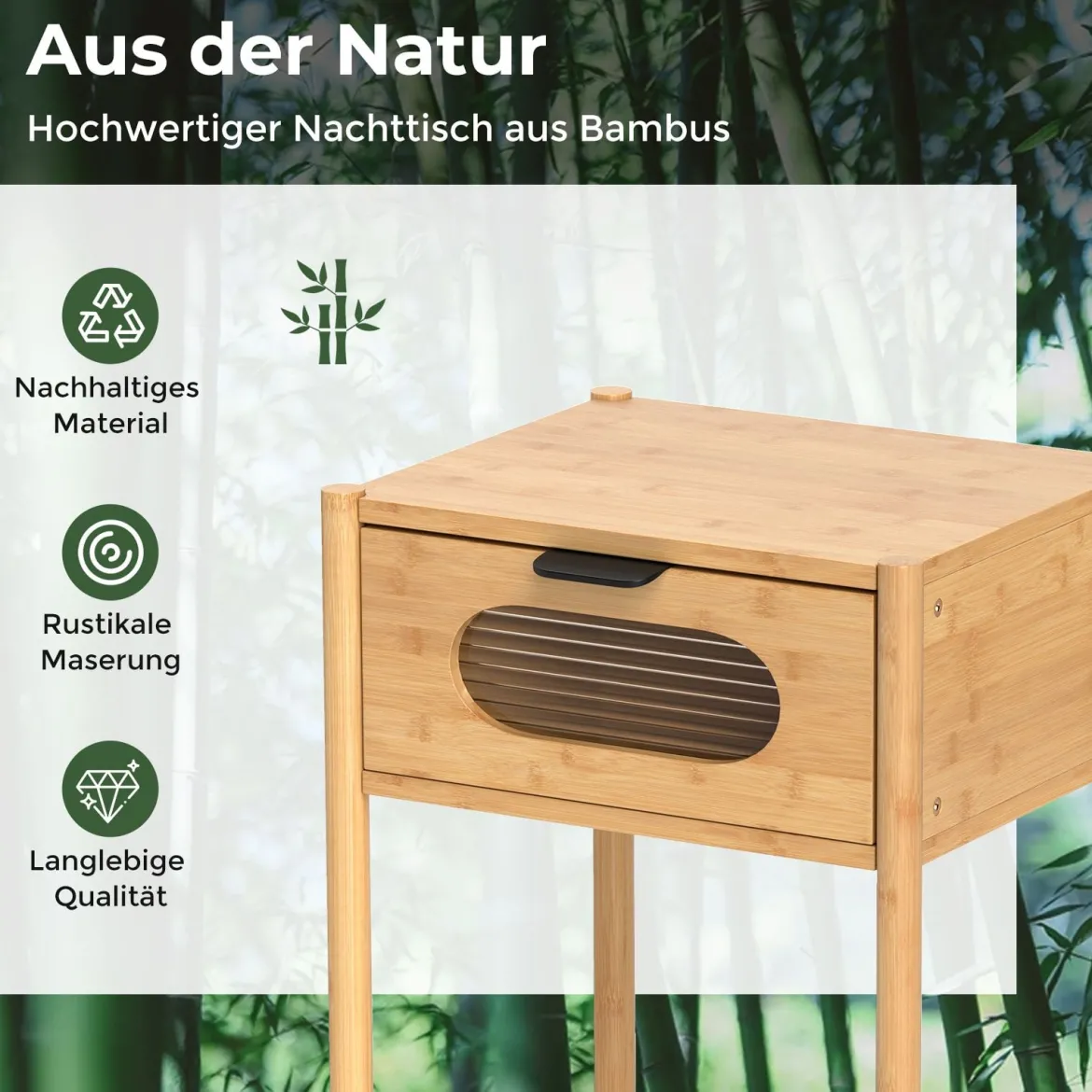 Bambus Nachttisch mit Schublade aus Gehärtetem Glas Nachtschrank Beistelltisch Natur