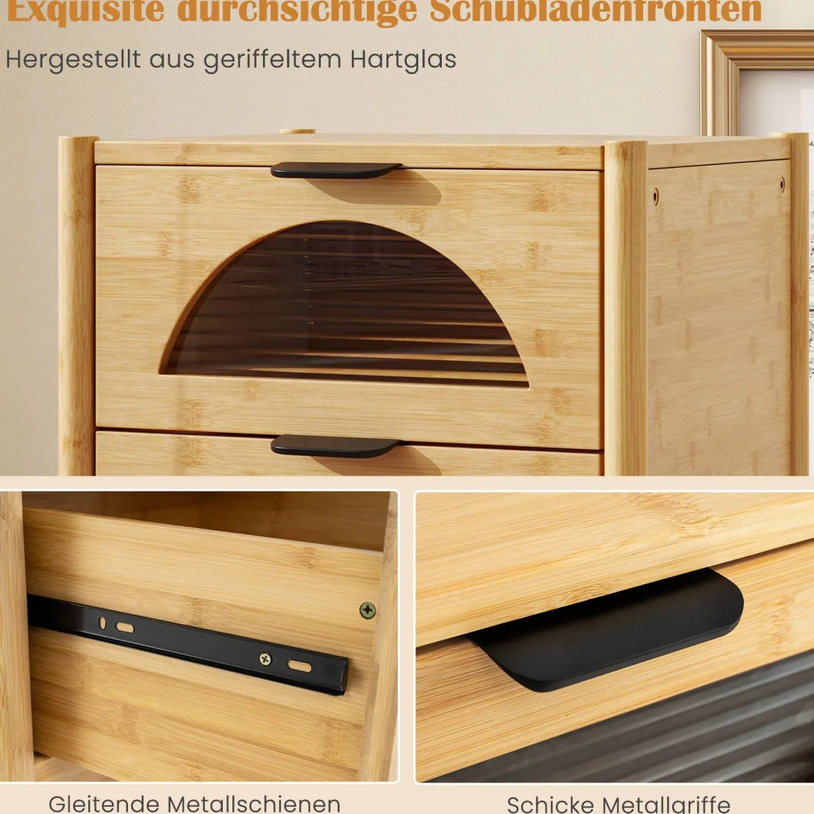 Bambus Nachttisch mit 2 Schubladen Moderner Beistelltisch Robuster Nachtschrank Nachtkonsole
