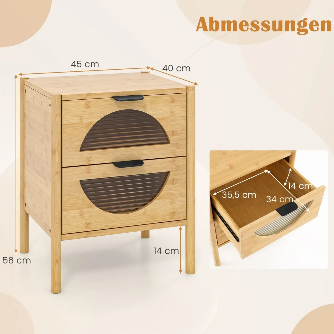 Bambus Nachttisch mit 2 Schubladen Moderner Beistelltisch Robuster Nachtschrank Nachtkonsole