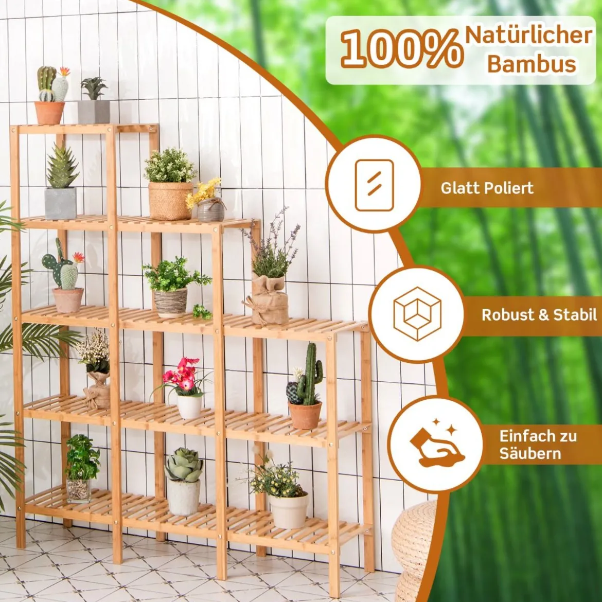 Bambus-Pflanzenständer 5-Stufiges Regal mit Verschiedenen Ebenen 114 x 32 x 141 cm Natürlich