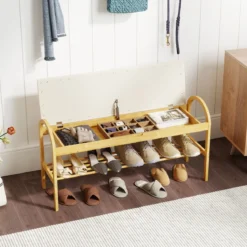 Bambus-Schuhbank Flurbank mit gepolstertem Klappdeckel verstecktem Stauraum Beige