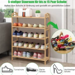 Bambus Schuhregal mit 5 Ebenen Schuhablage für 15 Paar Schuhe Schuhständer Schuh-Organizer
