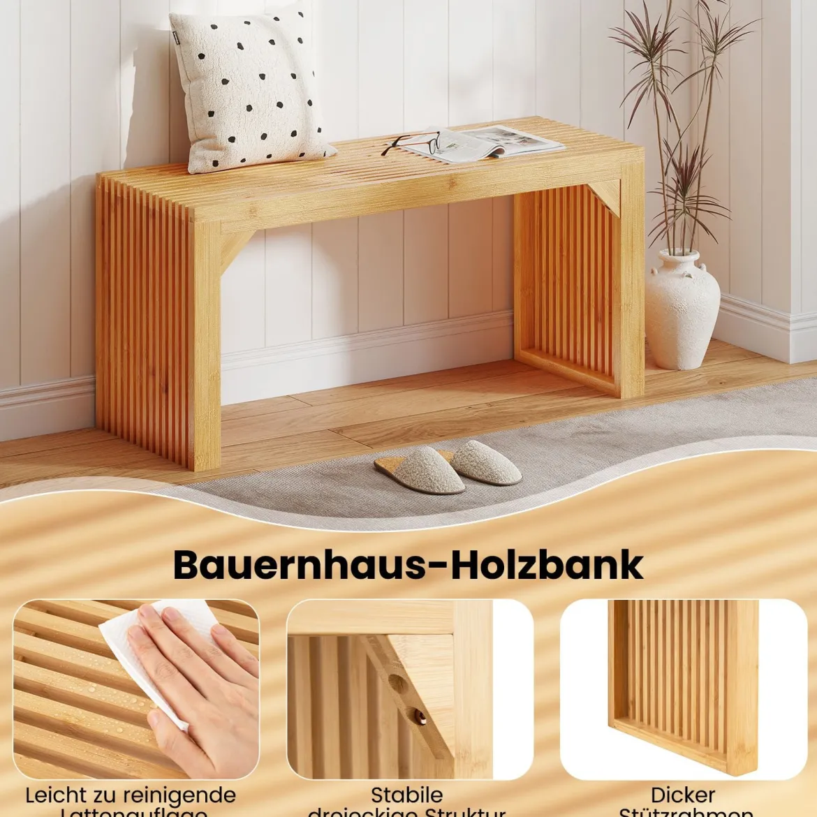 Bambus Sitzbank für 2 Personen Bauernhaus Moderner Bank ohne LehneBlastbar bis 300kg