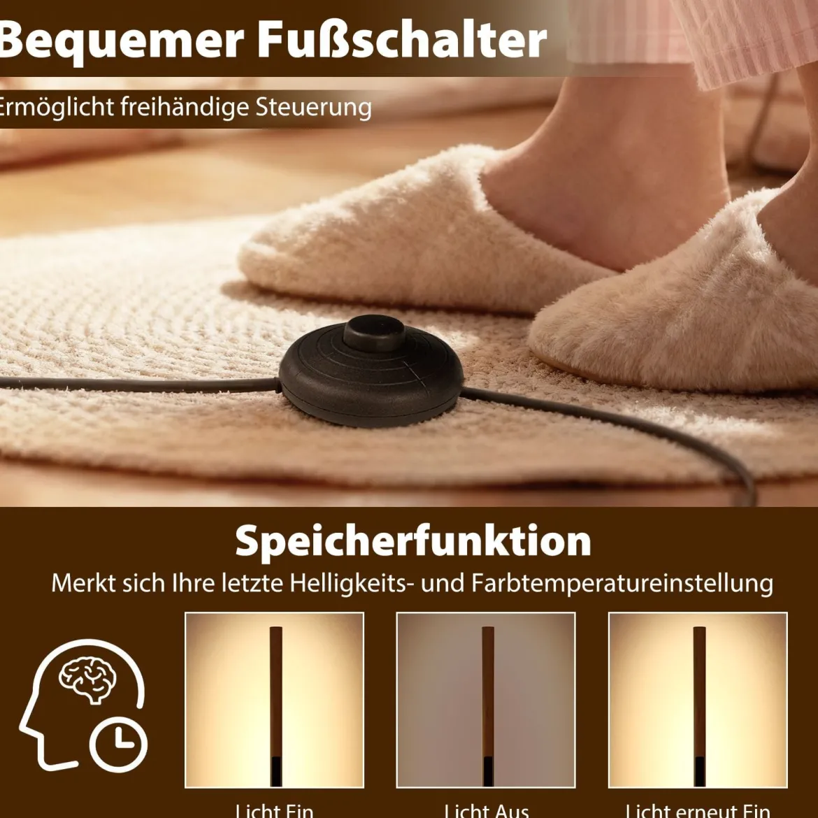 Bambus-Stehlampe dimmbare LED-Ecklampe mit Fußschalter 3000K-6000K 122 cm Natur
