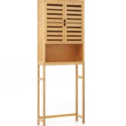 Bambus Toilettenschrank mit 2 Lamellentüren & Offenem Regal & Verstellbaren Querbalken