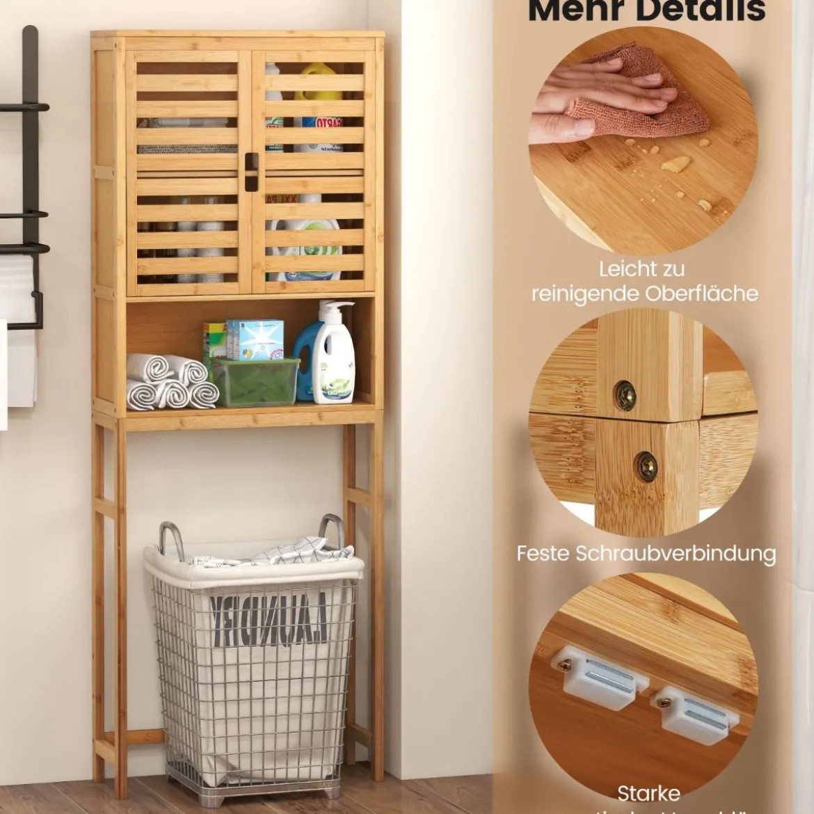 Bambus Toilettenschrank mit 2 Lamellentüren & Offenem Regal & Verstellbaren Querbalken