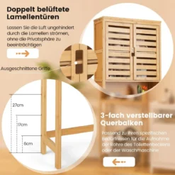 Bambus Toilettenschrank mit 2 Lamellentüren & Offenem Regal & Verstellbaren Querbalken