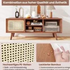 Bambus TV Schrank mit Rattan- & Glasschiebetür TV Lowboard Fernsehtisch Fernsehschrank Braun