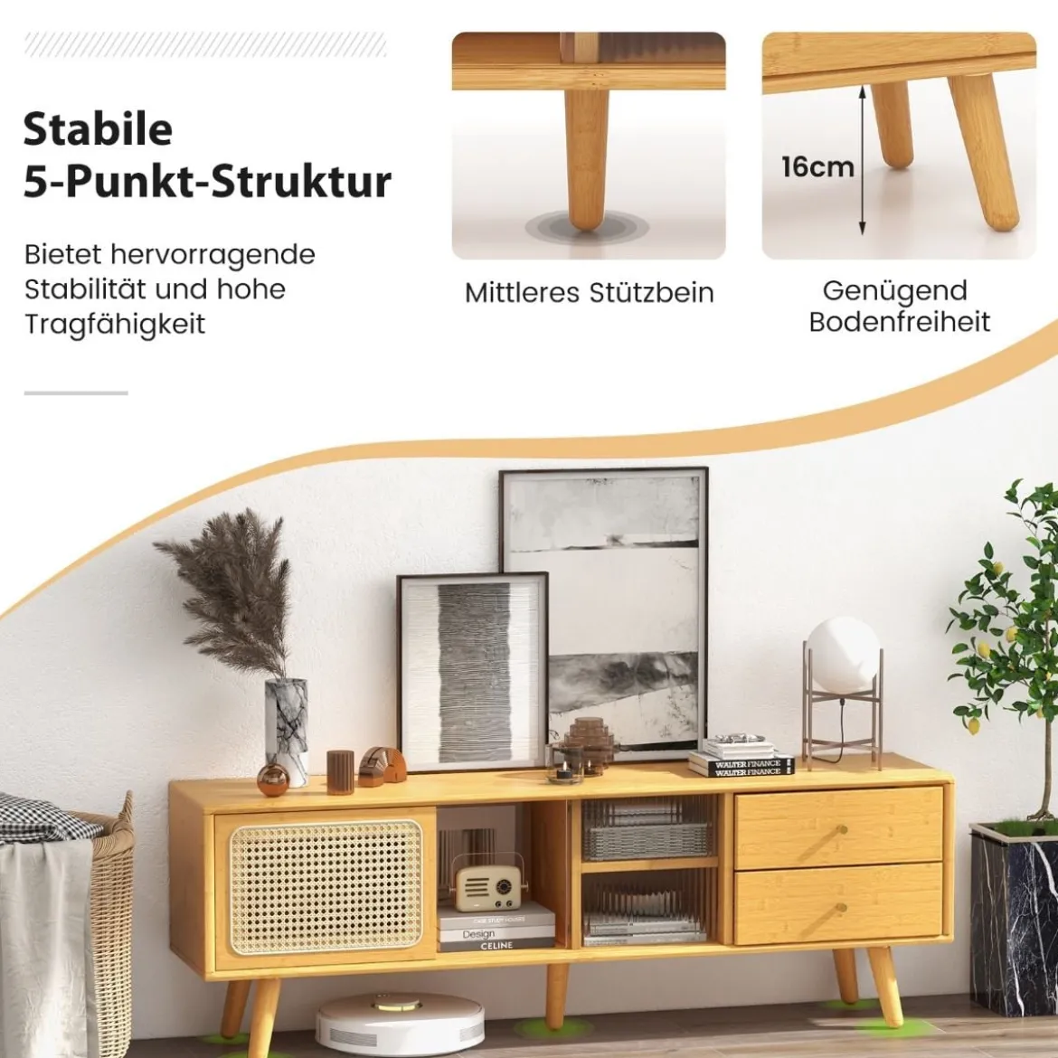 Bambus-TV-Ständer für TVs bis zu 65 " TV-Konsole im Mid-Century-Modern-Stil 140 x 31 x 45,5 cm Natur