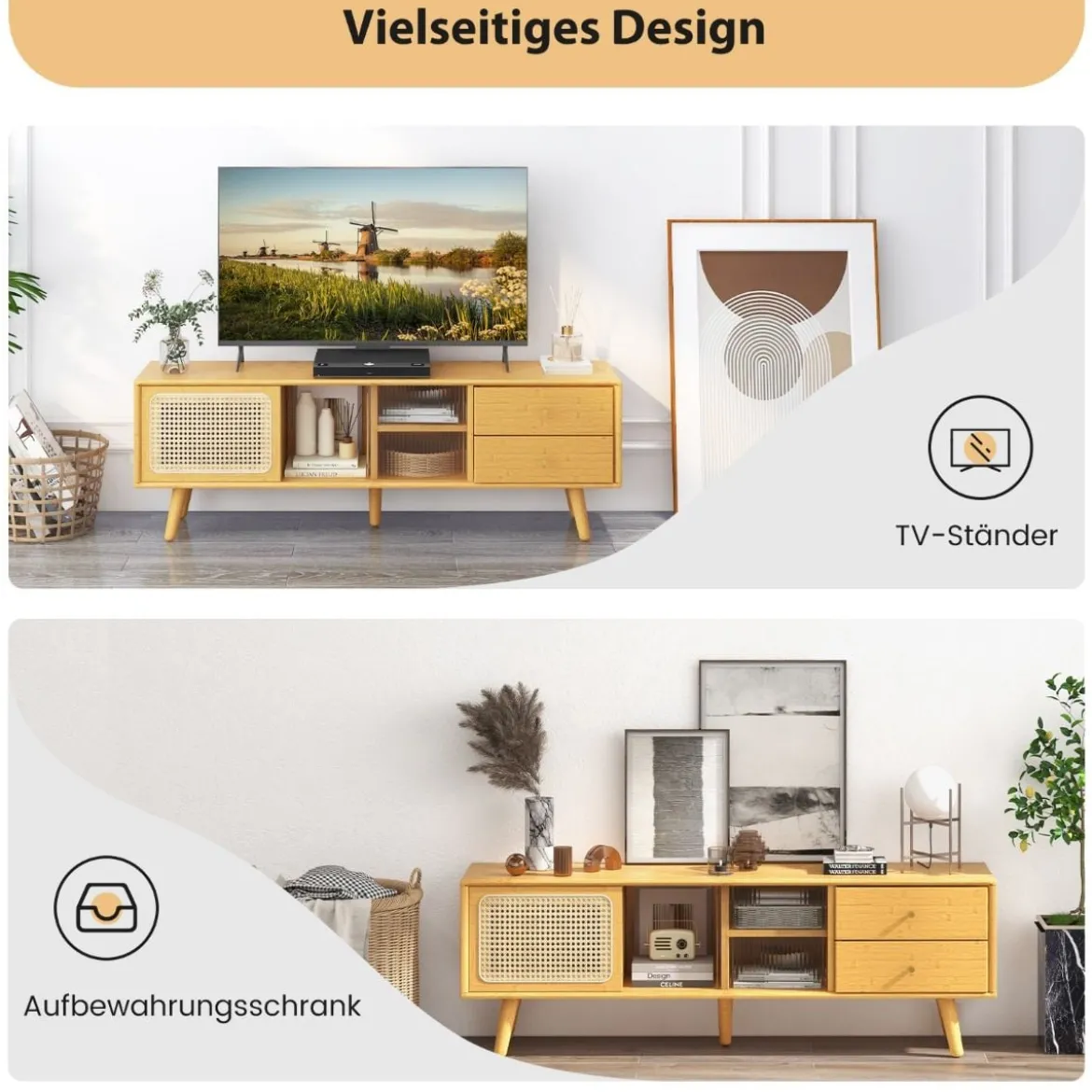 Bambus-TV-Ständer für TVs bis zu 65 " TV-Konsole im Mid-Century-Modern-Stil 140 x 31 x 45,5 cm Natur