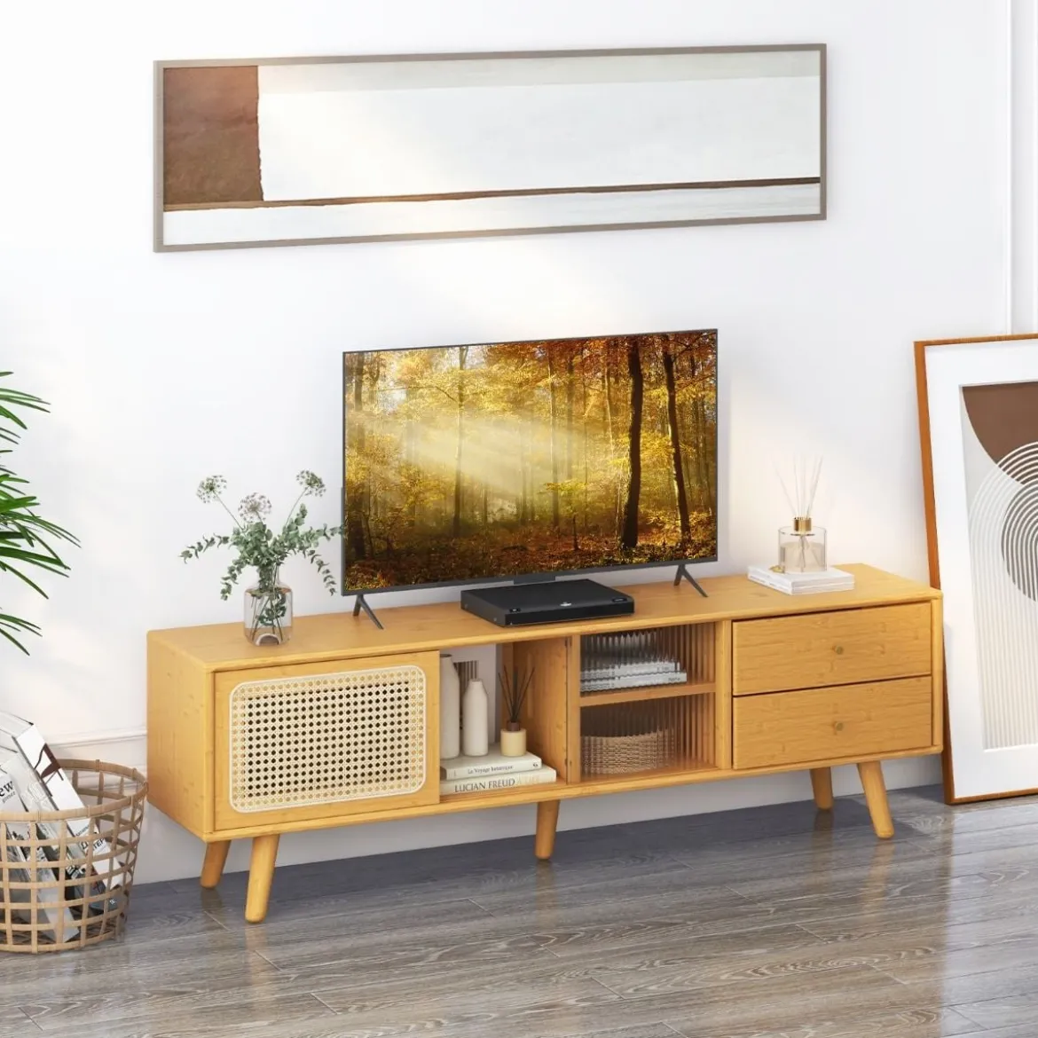 Bambus-TV-Ständer für TVs bis zu 65 " TV-Konsole im Mid-Century-Modern-Stil 140 x 31 x 45,5 cm Natur