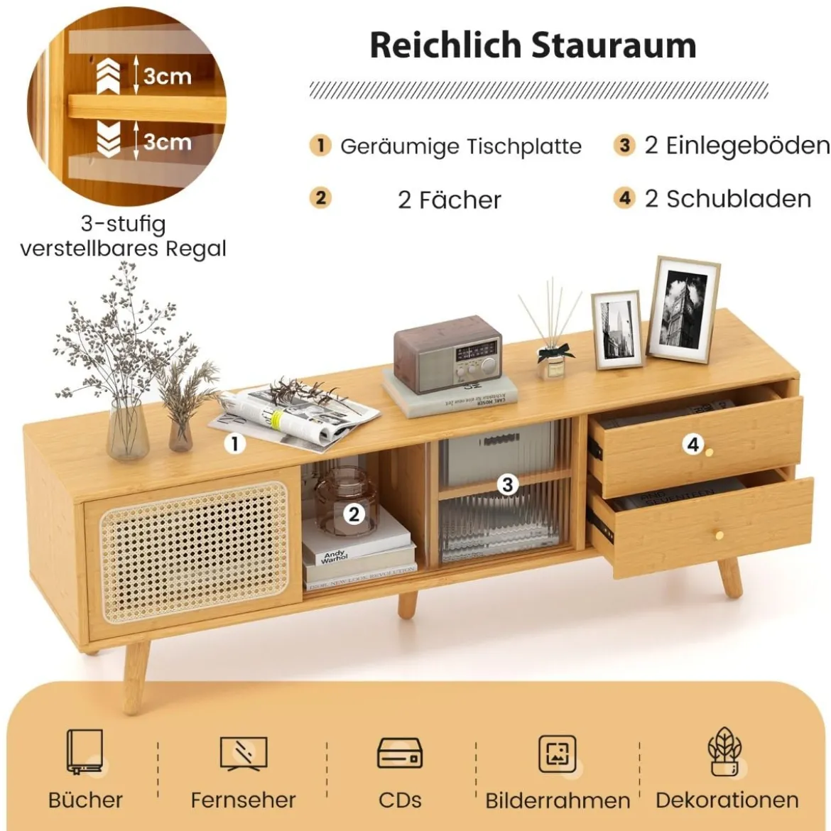 Bambus-TV-Ständer für TVs bis zu 65 " TV-Konsole im Mid-Century-Modern-Stil 140 x 31 x 45,5 cm Natur