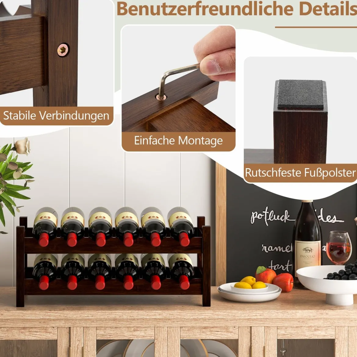 Bambus Weinregal für 12 Flaschen Flaschenregal mit 2 Etagen Flaschenhalter für Keller Braun