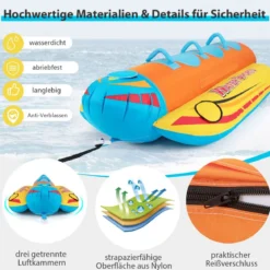 Bananenboot für 3 Personen Towable Tube mit 3 Eva-gepolsterten Sitzen und Griffen 252 x 108 x 51 cm