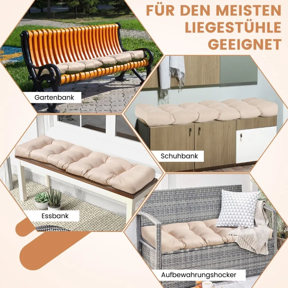 Bankauflage für Gartenbank 132 x 49 x 15 cm Sitzkissen aus PP-Baumwolle Beige