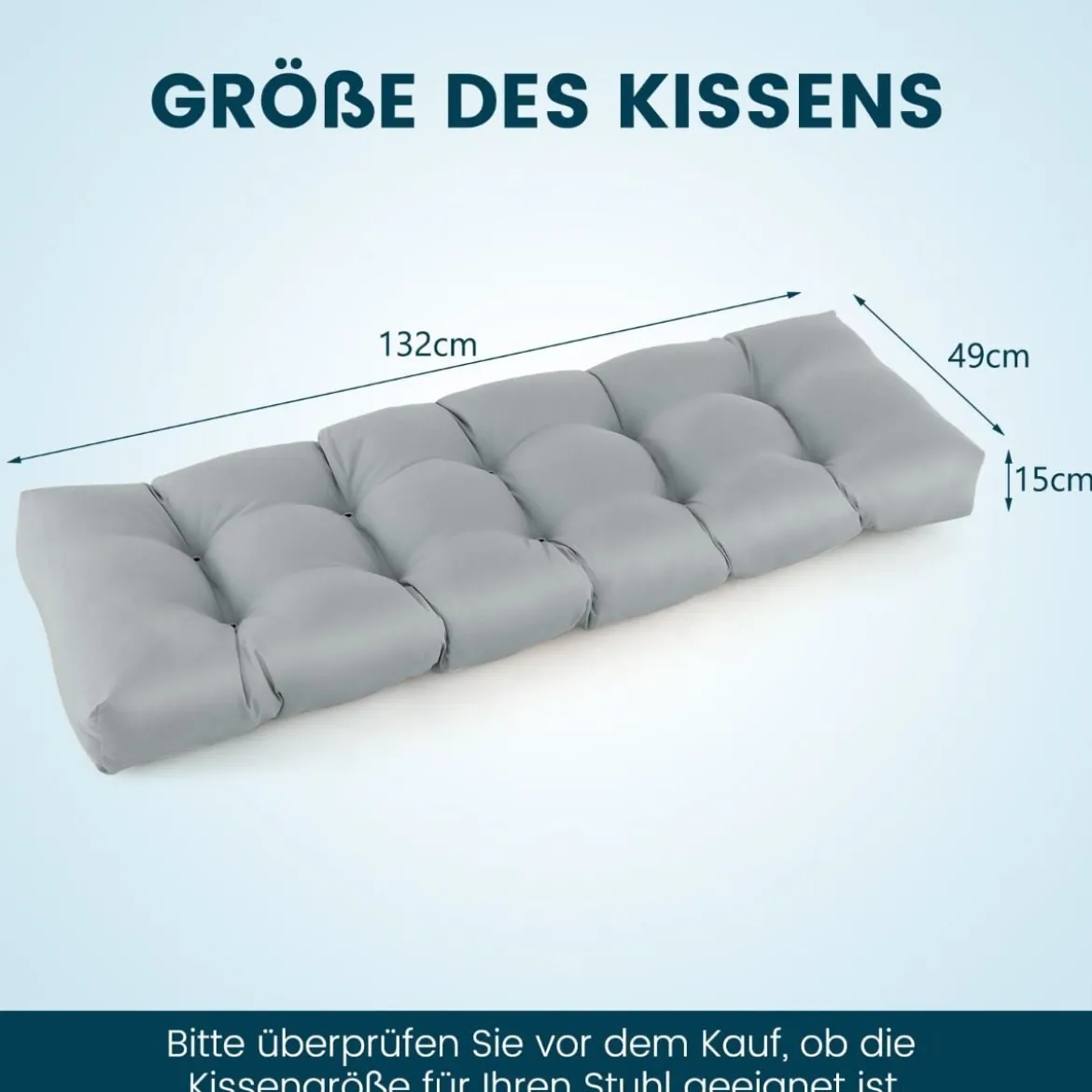 Bankauflage für Gartenbank 132 x 49 x 15 cm Sitzkissen aus PP-Baumwolle Grau